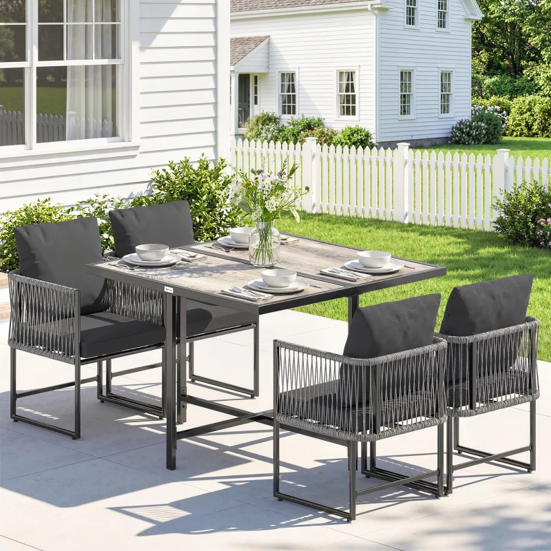Outsunny Polyrattan Gartenmöbel Set 5-teilig Platzsparend Sitzgruppe Tisch mit 4 Stühlen DPC-Tischplatte Kissen Grau