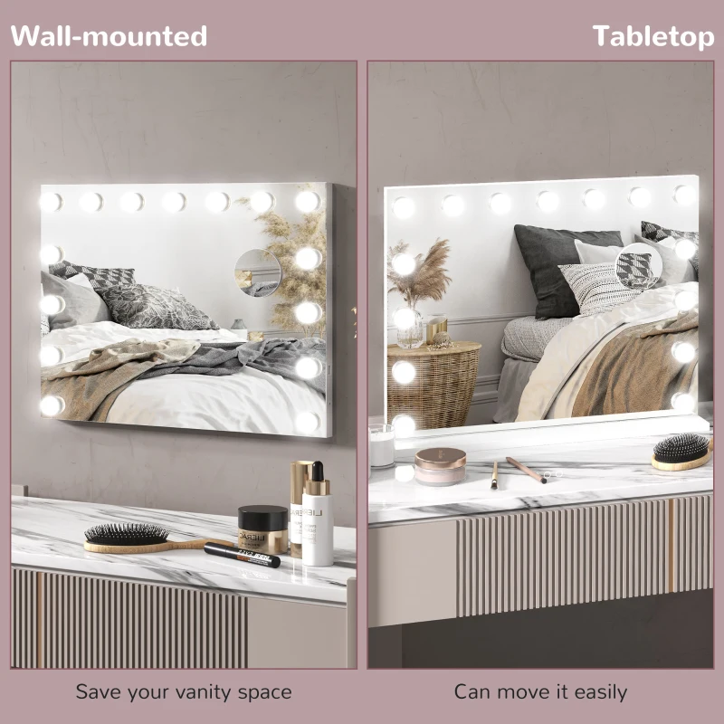 HOMCOM Miroir Maquillage Hollywood 58 x 48 cm, Miroir Coiffeuse LED, 15 Ampoules, 3 Modes d'Éclairage, Port USB de Charge