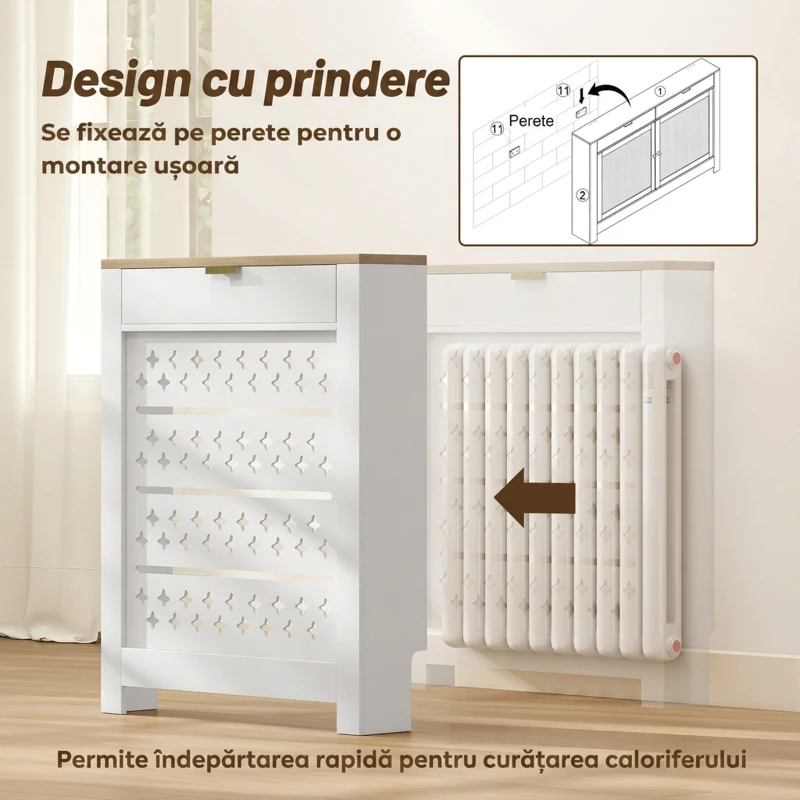 HOMCOM Mască pentru calorifer cu compartiment rabatabil, model în cruce, pentru living, hol sau birou, alb