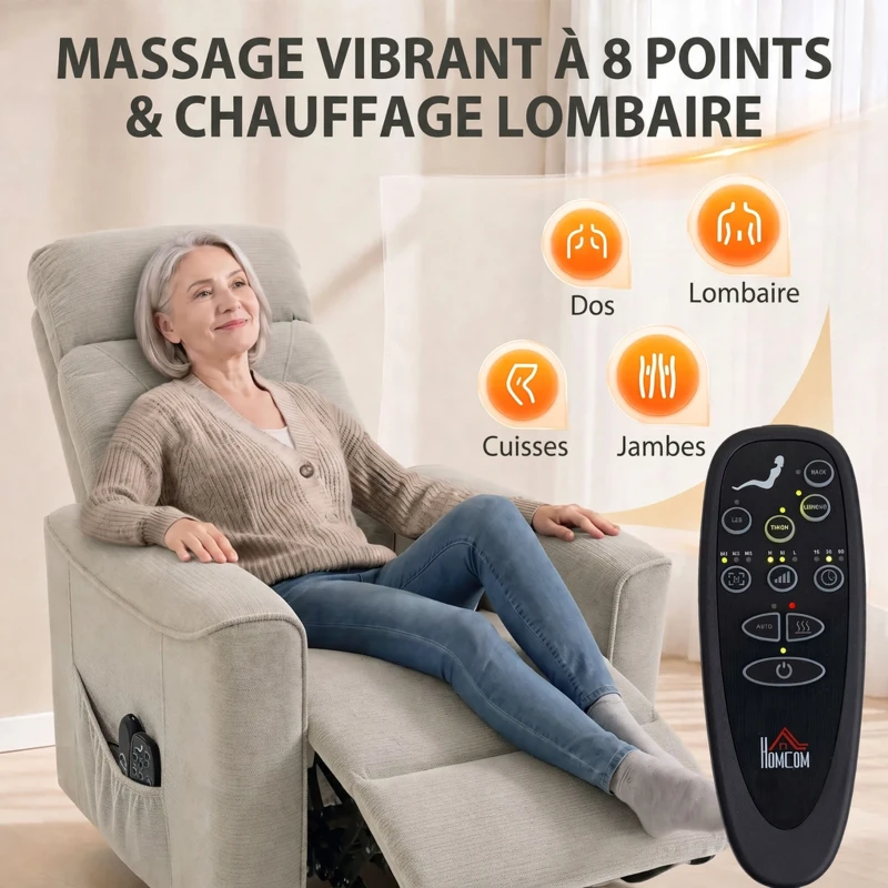 HOMCOM Fauteuil Releveur Électrique Massage Vibration et Chaleur, Fauteuil Relax Électrique, Dossier Inclinable, Chenille, Gris