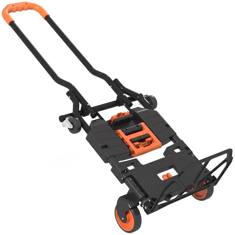 HOMCOM Steel 2-in-1 Folding Hand Truck on Wheels,  Foldable Trolley with Foldable Base, 120kg, Black and Orange