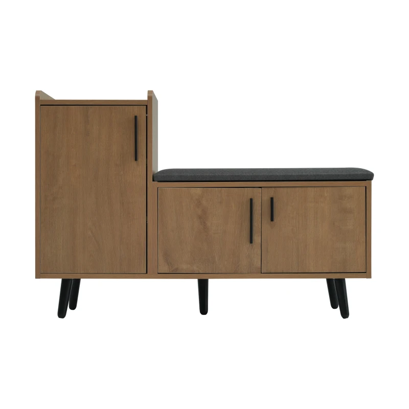 Modern Wooden Shoe Bench with Padded Cushioned Seat, Soft Shoe Storage Organiser with Adjustable Shelves, 100L x 34W x 69H cm, Natural