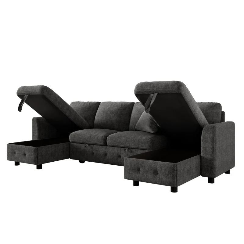 Modern U-Shaped Sectional Sofa with 2 Storage Chaise Lounges, Convertible Sleeper Couch with 2 Square Cushions, 260L x 128W x 82H cm, Gray