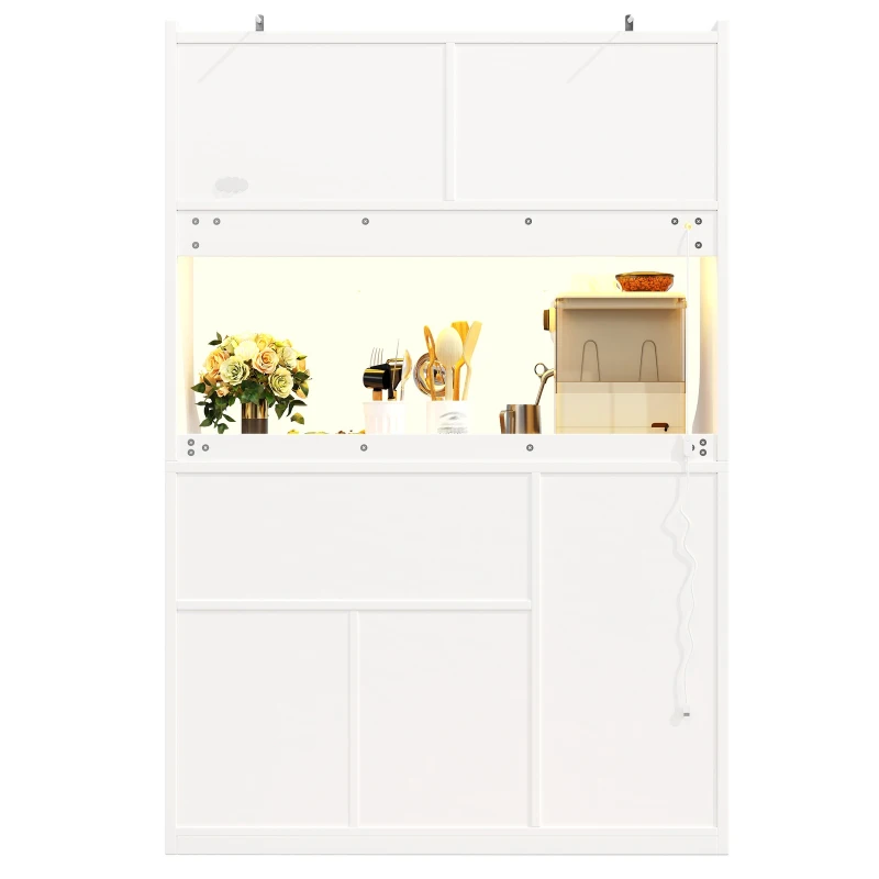 Tall Kitchen Cabinet with App-Controlled RGB LED and Glass Doors, Storage Unit with Wine Rack and 3 Drawers, 120L x 40W x 180H cm, White