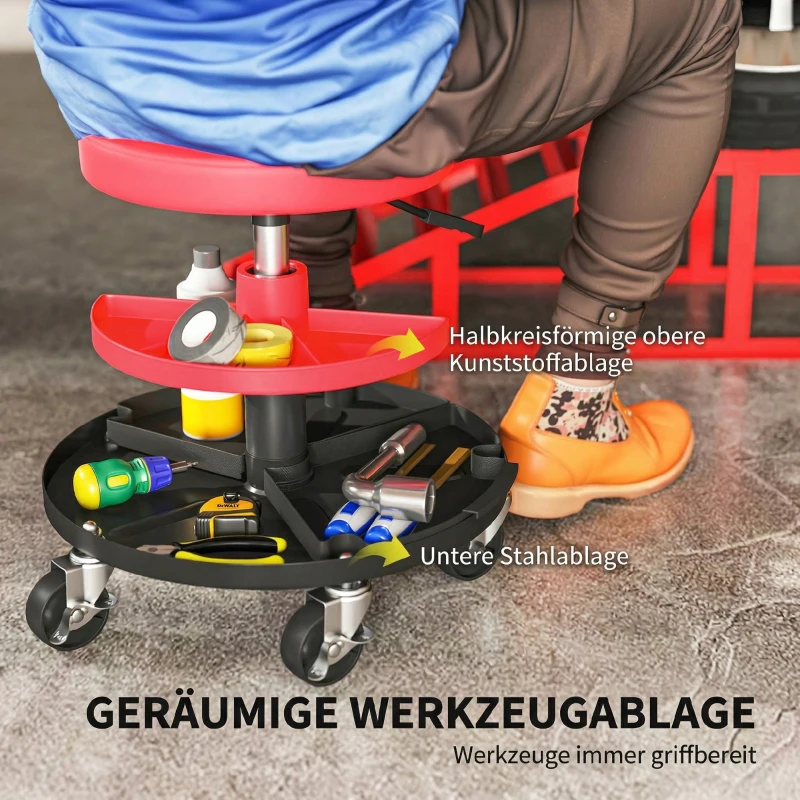 HOMCOM Werkstatthocker mit Rollen Tabletts höhenverstellbar 40-51cm Rollhocker bis 135 kg belastbar Rot