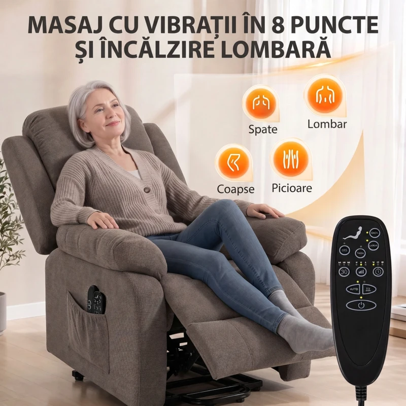 HOMCOM Fotoliu electric cu ridicare și reclinare, cu masaj și încălzire, din material cu efect de in, maro deschis