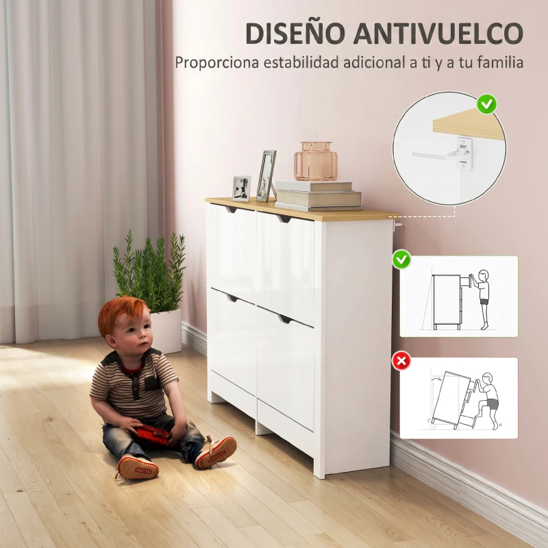 HOMCOM Zapatero Estrecho con 4 Cajones Abatibles Estantes Ajustables para 16 Pares de Zapatos 105x26x80 cm Blanco