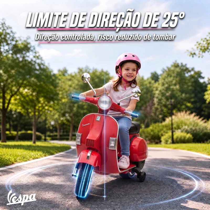 AIYAPLAY Mota Elétrica Infantil 12V Vespa PX150 com Rodinhas de Apoio, 2 Motores, Suspensão Traseira, Música e Luzes, 3 km/h, 3-6 Anos, Vermelha