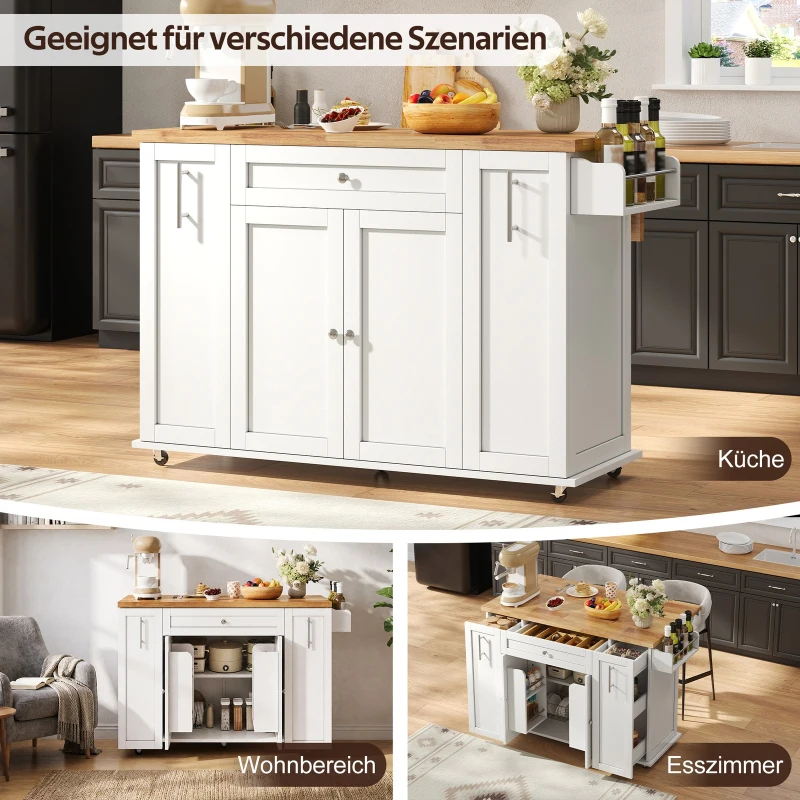 Mobile Kitchen Island with Foldable Countertop, Multifunctional Kitchen Cart with 3-Tier Drawers & Lockable Castors, 120L x 70W x 87H cm, White