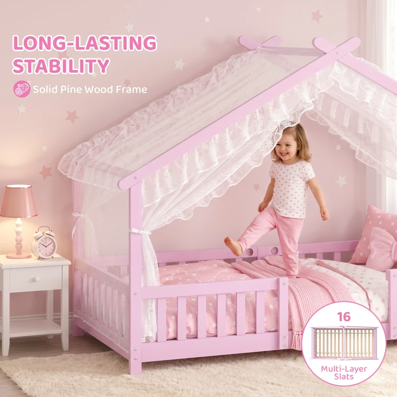 AIYAPLAY Wooden Kids House Single Bed Frame, Solid Pine Wood Toddler Bed with Dual Guardrails for Children, Boys, Girls, Pink