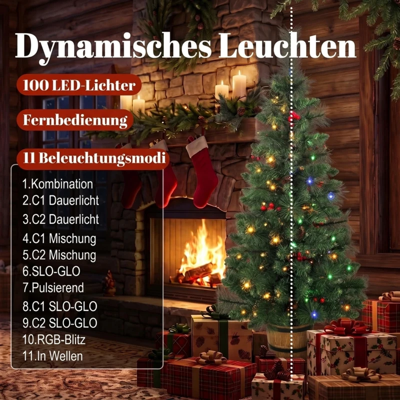 HOMCOM Kunstkerstboom 120 cm met 100 leds, 131 takpunten, bessen, 2 lichtkleuren en afstandsbediening