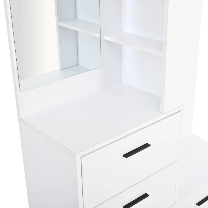 Modern Hall Tree with Mirror and Fold-Out Shoe Rack, Space-Saving Entryway Organizer with 3 Hooks and Drawers, 90L x 30W x 180H cm, White