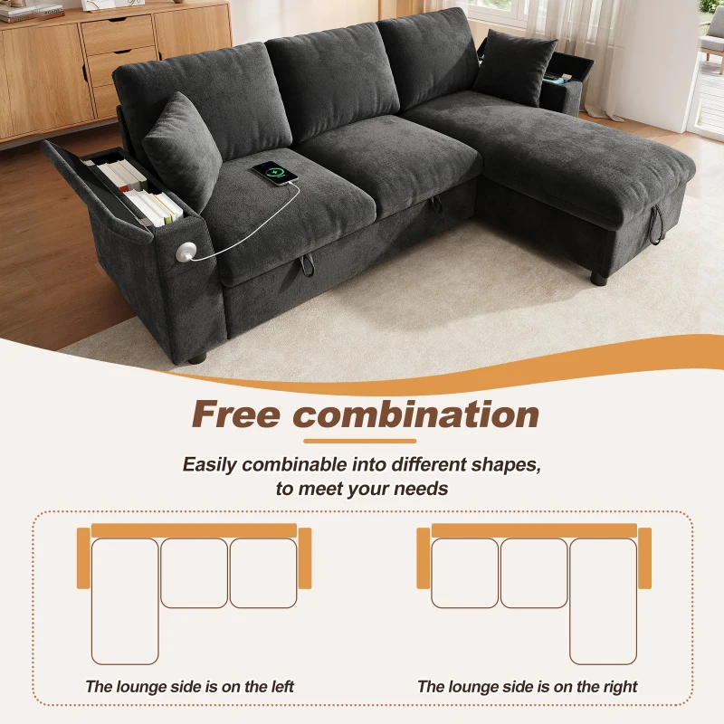 L-Shaped Sofa Bed with USB/USB-C Ports and Pull-Out Sleeper, Soft Reversible Corner Couch with Hidden Chaise Storage, 200L x 137W x 85H cm, Grey