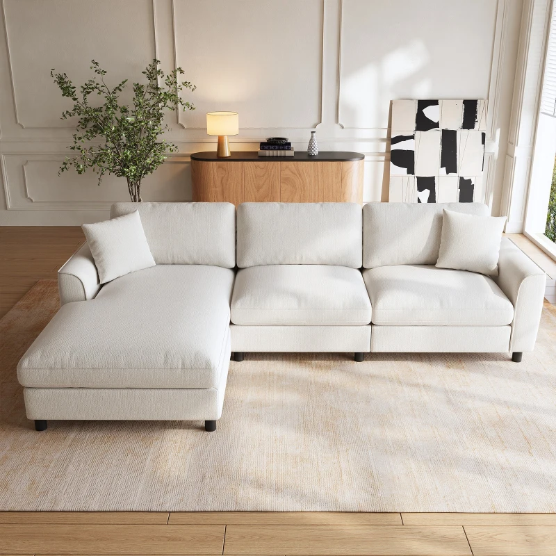 Modern L-Shaped Sectional Sofa with Reversible Chaise Lounge, Modular Corner Couch with Extra‑Wide Chaise Seat, 256L x 137W x 79H cm, Beige