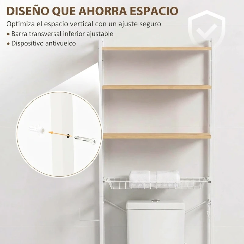 HOMCOM Mueble Sobre Inodoro de 3 Niveles con Portarrollos Estantes Ajustables Cesta Extraíble y Ganchos Roble