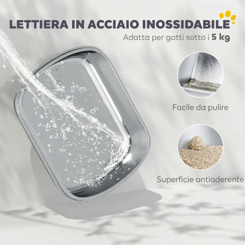 PawHut Lettiera Gatto Chiusa L in Acciaio Inox con Maniglia, Paletta, Pacchetto Deodorante, Antiperdita, Grigio
