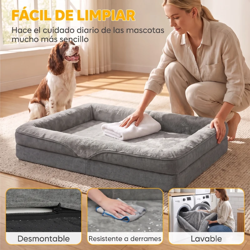 PawHut Cama para Perros Medianos Cama para Gatos Colchón para Perros con Base Antideslizante Funda Lavable 91x68x16 cm Gris