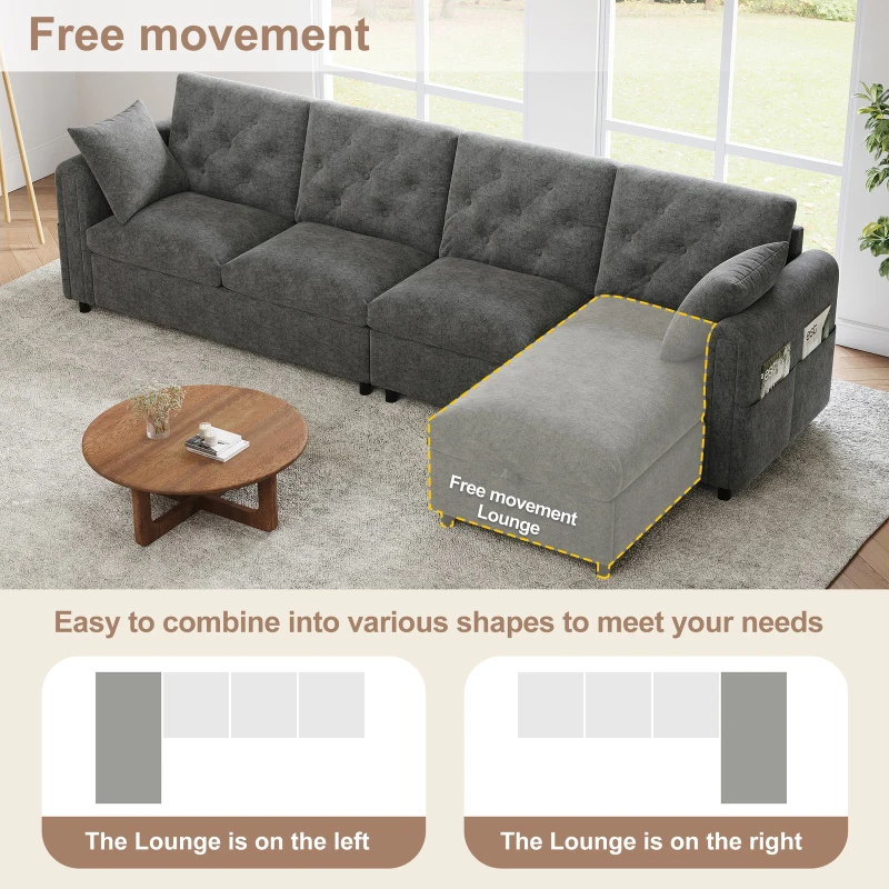 Modern Velvet L-Shaped Sectional Sofa with Reversible Storage Chaise and Tufted Back, Soft Corner Couch for Living Room, 281L x 132W x 86H cm, Grey
