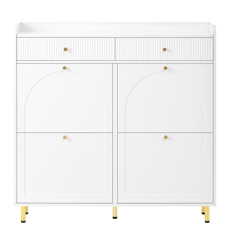 Modern Shoe Cabinet with 4 Flip Doors and 2 Drawers, Space-Saving Entryway Storage Organizer with Metal Handles, 106.5L x 25W x 105.5H cm, White