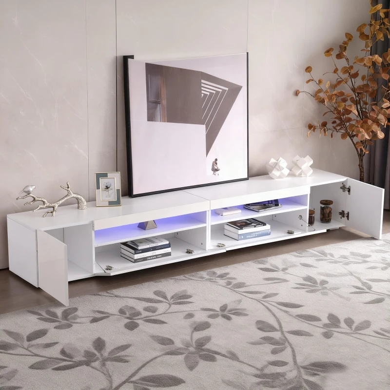 Modern TV Unit with Adjustable LED and USB, Spacious Storage Cabinet for Living Room, 240L x 38.5W x 35.5H cm, White
