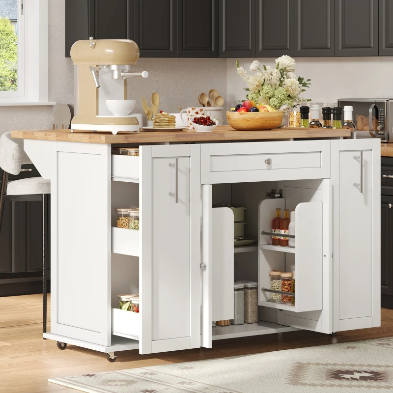 Mobile Kitchen Island with Foldable Countertop, Multifunctional Kitchen Cart with 3-Tier Drawers & Lockable Castors, 120L x 70W x 87H cm, White