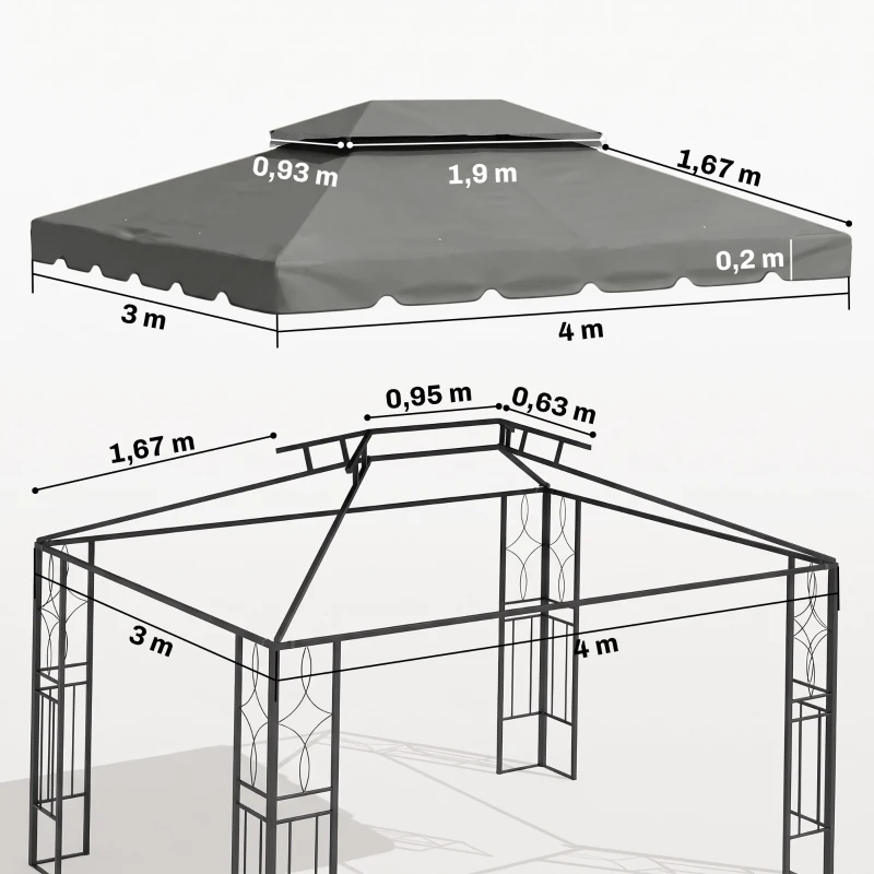 Outsunny Toldo de Substituição para Pérgola 400x300 cm com Duplo Teto e 8 Orifícios de Drenagem Cinza Claro