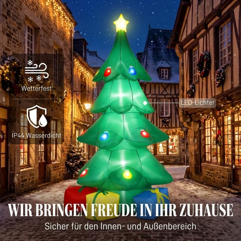 Outsunny Opblaasbare kerstboom 300 cm met RGB-ster, LED-verlichting, cadeaudozen, XXL, IP44 waterbestendig voor kerstfeesten