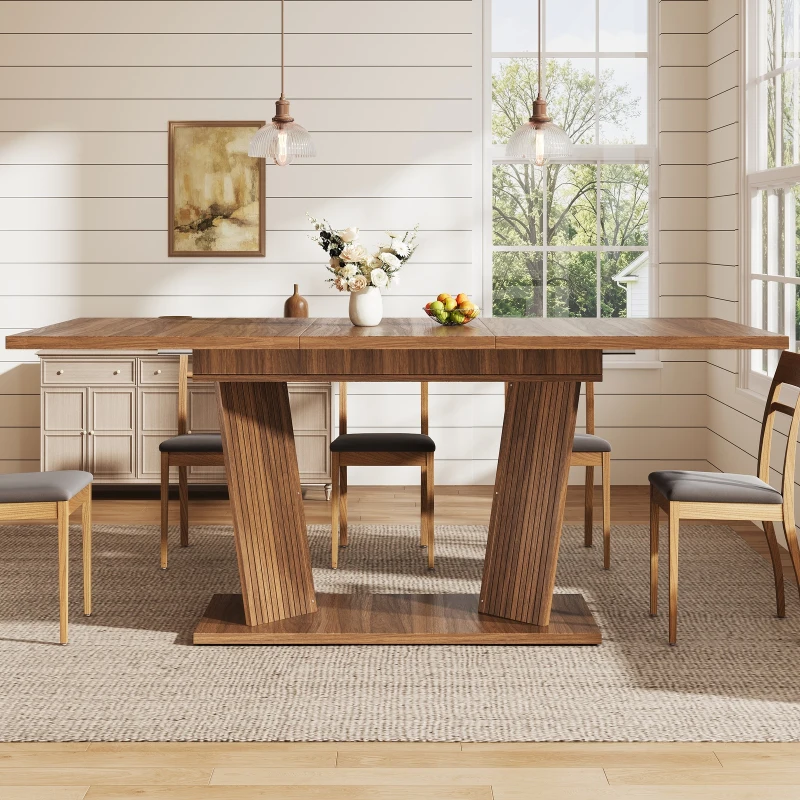 Extendable Dining Table with Double-Column Base, Space-Saving Kitchen Table with Anti-Slip Feet, 120-160L x 80W x 76H cm, Dark Brown