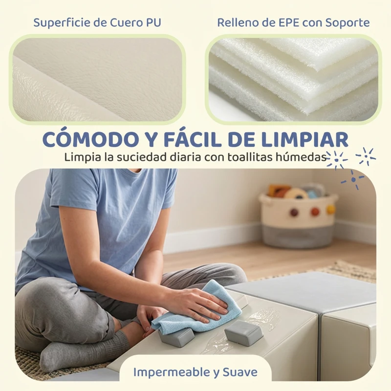 AIYAPLAY Juego de 4 Bloques de Espuma para Niños de Psicomotricidad Tapizados en PU Escalar y Gatear 1-3 Años Gris Claro y Beige