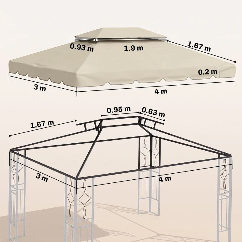 Outsunny Tettuccio di Ricambio per Gazebo da Giardino 3x4m con Tetto a 2 Livelli in Poliestere Beige