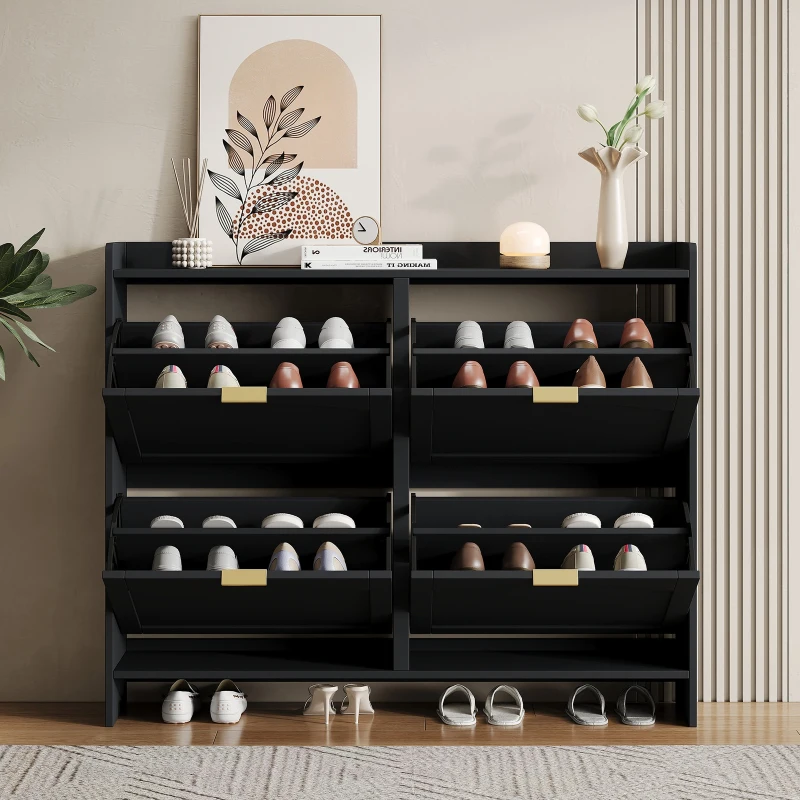 Modern Wooden Shoe Cabinet with 4 Flip Drawers, Space-Saving Storage Organiser with Side Umbrella Hooks, 110L x 24W x 90H cm, Black