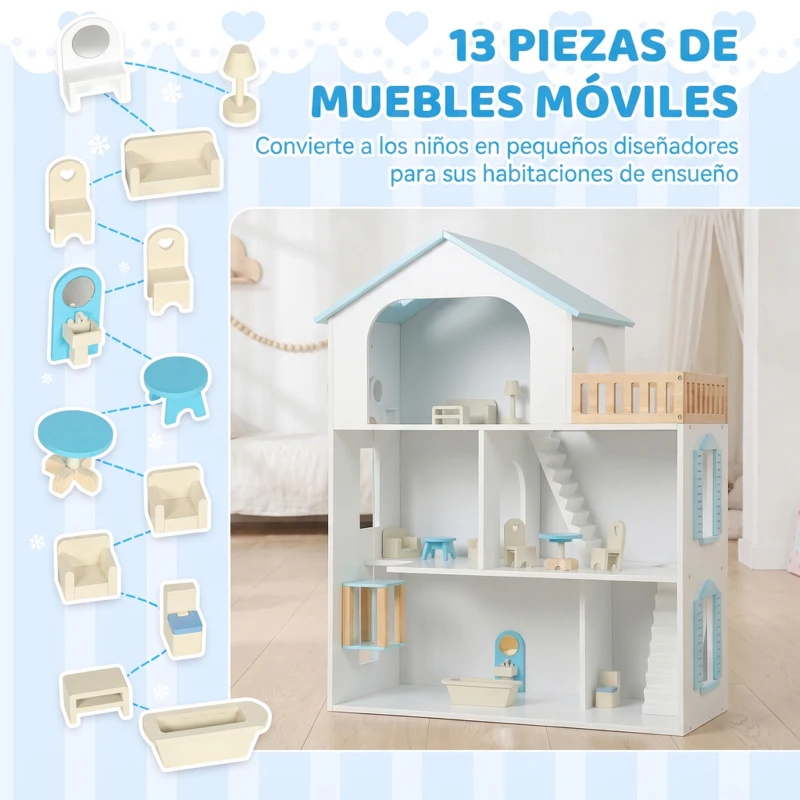 AIYAPLAY Casa de Muñecas de Madera de 3 Pisos con Ascensor y Balcón 5 Habitaciones y 13 Muebles para Niños de 3 a 6 Años Azul