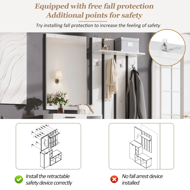 Hallway Storage Unit with Mirror and 4 Hooks, Space-Saving Shoe Cabinet with 10 Compartments for Entryway, 120L x 35W x 175.5H cm, White
