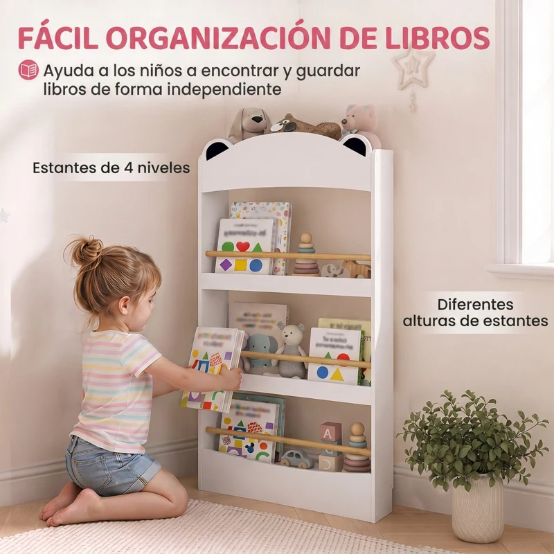 AIYAPLAY Librería Infantil de Pared de 4 Niveles Estantería para Libros Diseño de Osito para Dormitorio de 3 a 8 Años Blanco