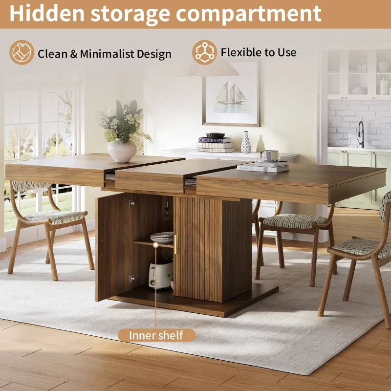 Extendable Dining Table with Integrated Storage, Space-Saving Kitchen Table with Grooved Doors and Shelves, 140-180L x 90W x 75H cm, Walnut