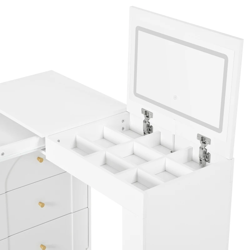 Modern L-Shaped Vanity Desk with 7 Storage Drawers, Adjustable Makeup Table Dressing Console with LED Flip Mirror, 200L x 40W x 80H cm, White