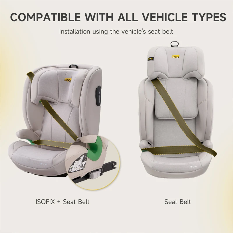 Highback Booster Seat with ISOFIX and I-Size R129, Adjustable Car Seat with 10-Position Headrest for 100-150 cm, 44L x 46W x 80H cm, Beige