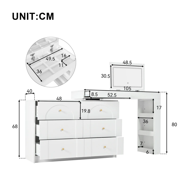 Modern L-Shaped Vanity Desk with 7 Storage Drawers, Adjustable Makeup Table Dressing Console with LED Flip Mirror, 200L x 40W x 80H cm, White