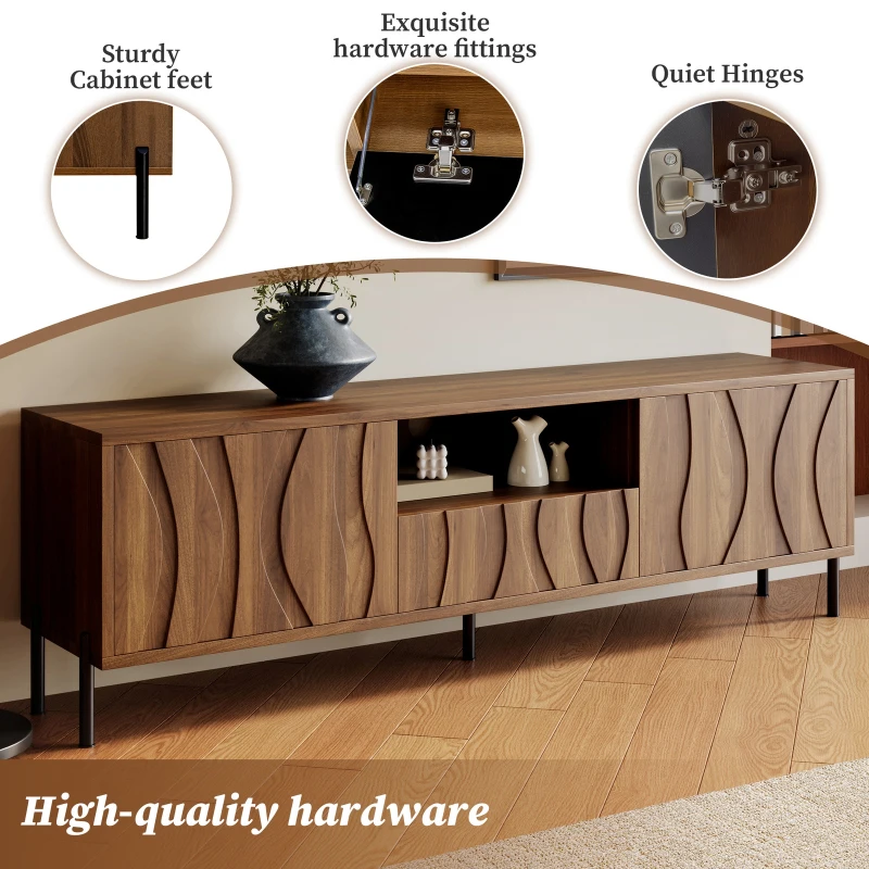 Modern TV Cabinet with Wave-Shaped Doors, Minimalist Media Console for Living Room, 160L x 35W x 46H cm, Natural