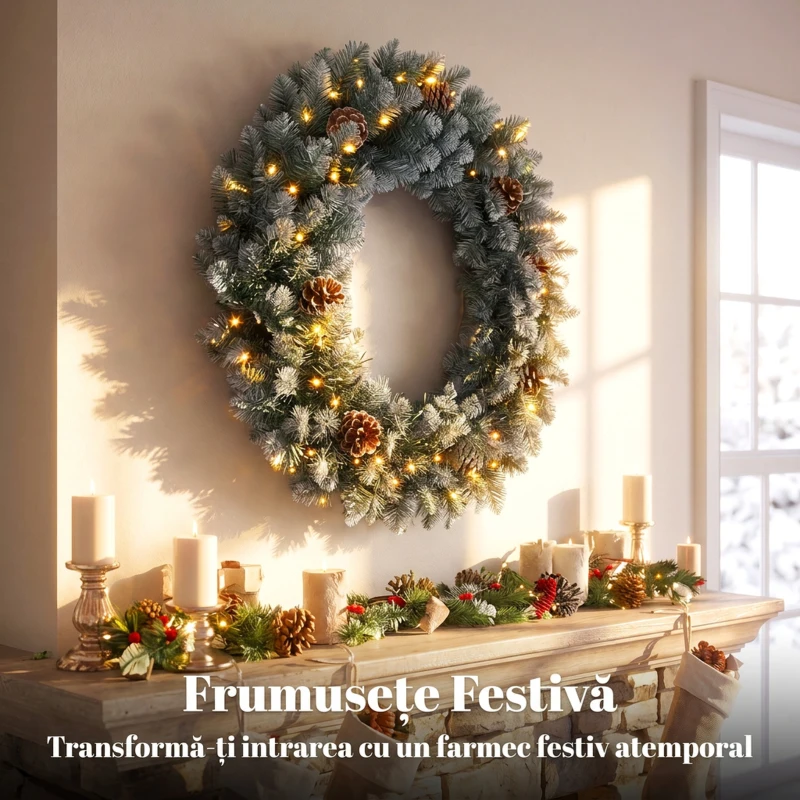HOMCOM Coroniță de Crăciun 60 cm cu lumini LED, 8 moduri, 140 ramuri, conuri de pin, verde