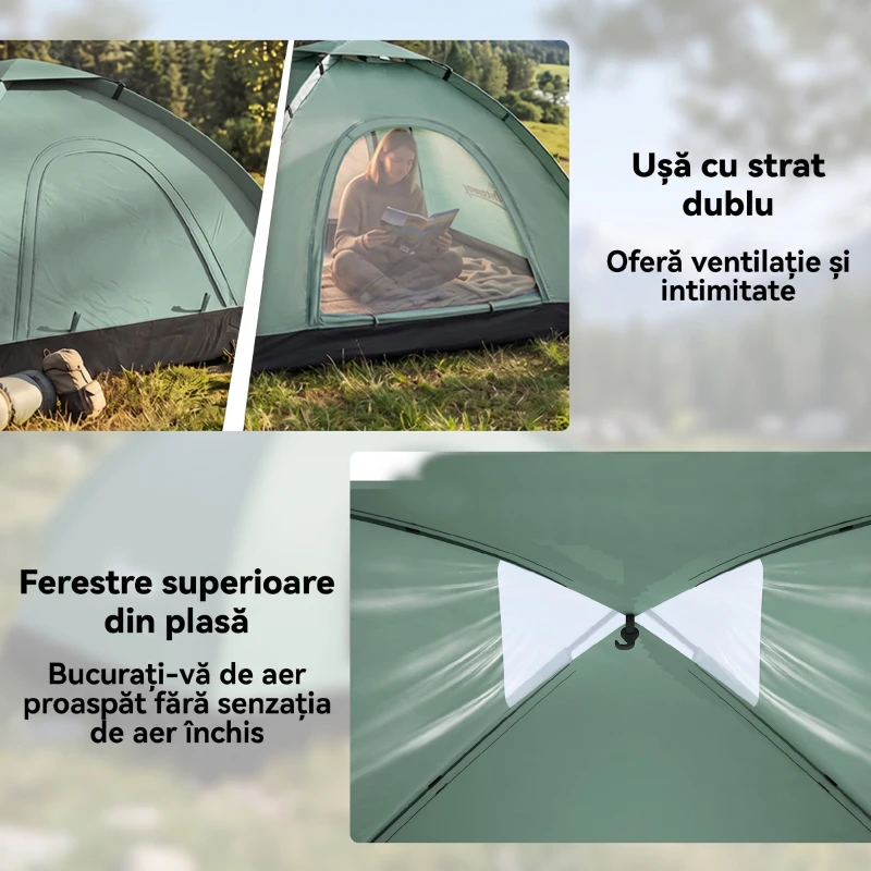 Outsunny Cort de Camping pentru 2 Persoane, cu Ușă cu Fermuar, Plasă de Țânțari și Geantă de Transport, 206x185x120cm, Verde