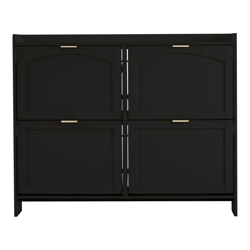 Modern Wooden Shoe Cabinet with 4 Flip Drawers, Space-Saving Storage Organiser with Side Umbrella Hooks, 110L x 24W x 90H cm, Black