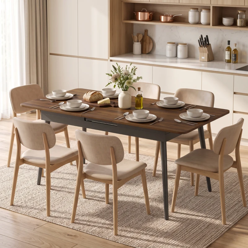 HOMCOM Table à Manger Extensible Rectangle pour 4 à 6 Personnes, Table de Cuisine 130-160 cm avec Coins Arrondis, Noyer Clair