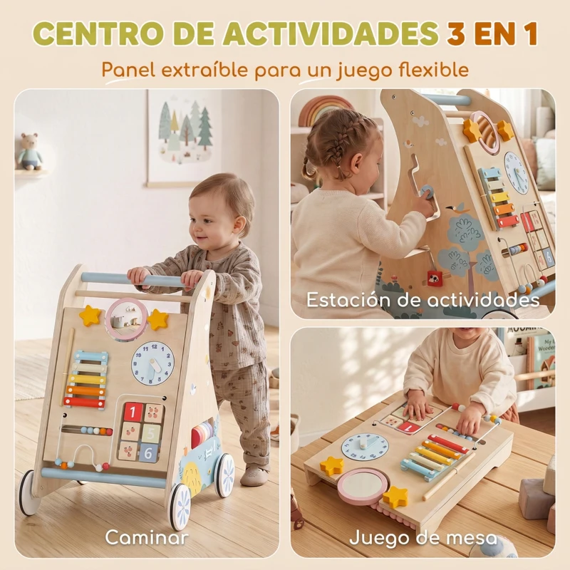 AIYAPLAY Andador Madera Bebé 3 en 1 con Juguetes Montessori Panel Desmontable de Doble Cara Almacenaje Ruedas 1-3 Años Natural