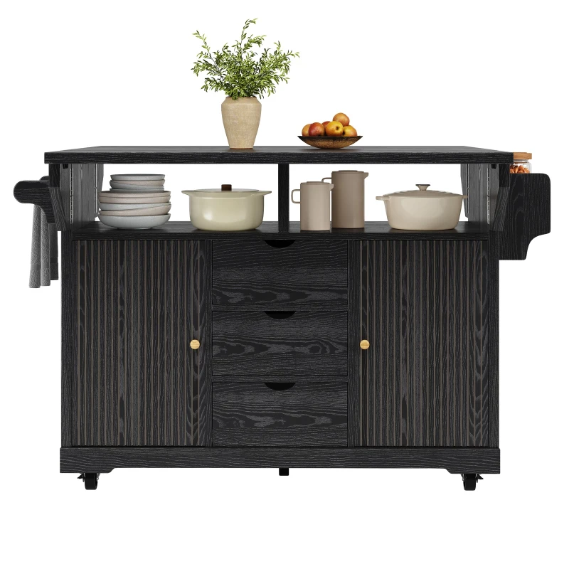 Foldable Serving Trolley with Ergonomic Height and Fold-Out Tabletops, Storage Cart with Braked Castors, 142.5L x 80W x 95H cm, Black
