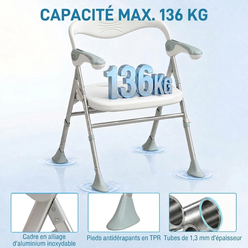 HOMCOM Tabouret de Douche Pliable, Hauteur Réglable à 5 Niveaux, Pieds Antidérapants en TPR, Aluminium, 51,5x61,5x74,5cm, Blanc