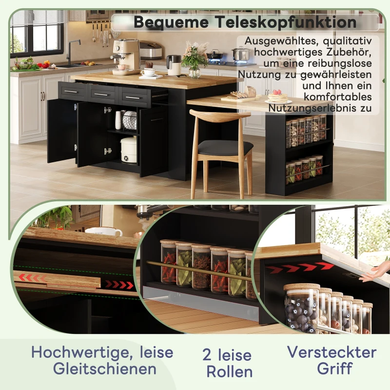 Modern Kitchen Island with Hidden Extendable Dining Table, Mobile Breakfast Bar with Marble-Effect Worktop, 150L x 90W x 90H cm, Black+Natural