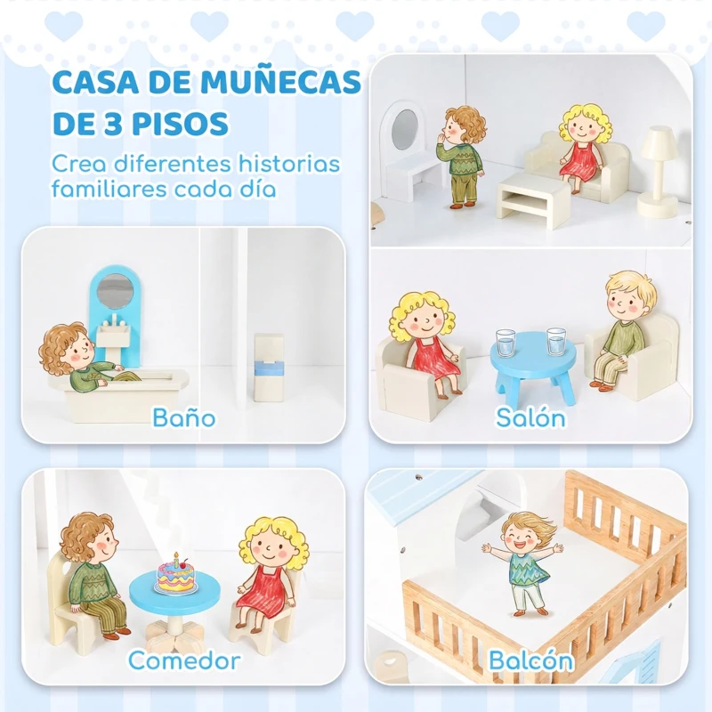 AIYAPLAY Casa de Muñecas de Madera de 3 Pisos con Ascensor y Balcón 5 Habitaciones y 13 Muebles para Niños de 3 a 6 Años Azul