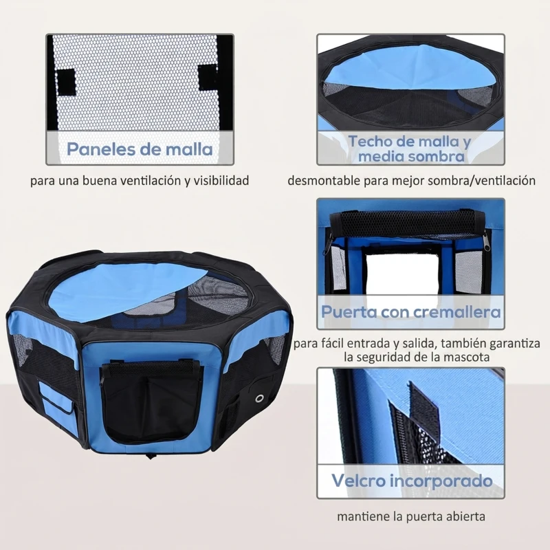 PawHut Parque Plegable para Perros y Gatos Corralito Portátil para Animales Pequeños Impermeable de Tela Oxford Ø90x41 cm Azul