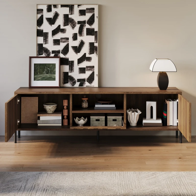 Modern TV Cabinet with Wave-Shaped Doors, Minimalist Media Console for Living Room, 160L x 35W x 46H cm, Natural